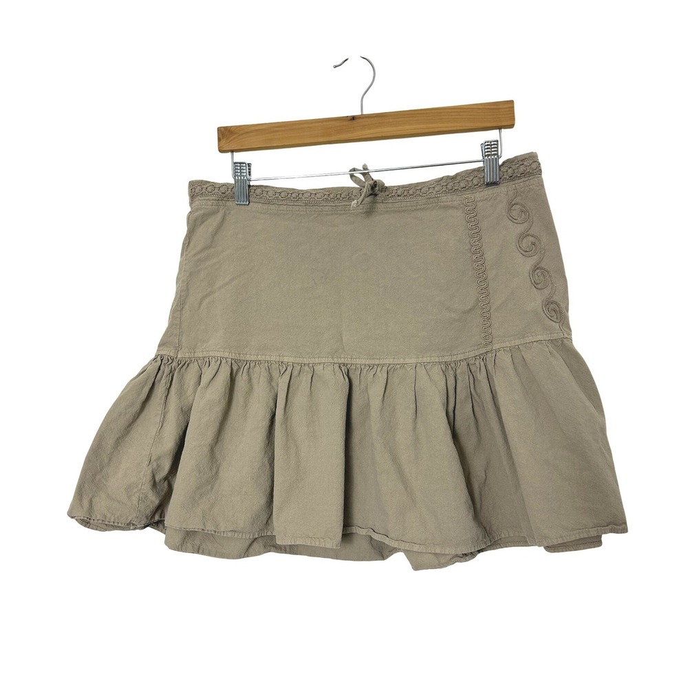 Y2K Liette Skirt Womens L Tan Cotton Tiered Mini Boho‎ Embroidered summer beachy
